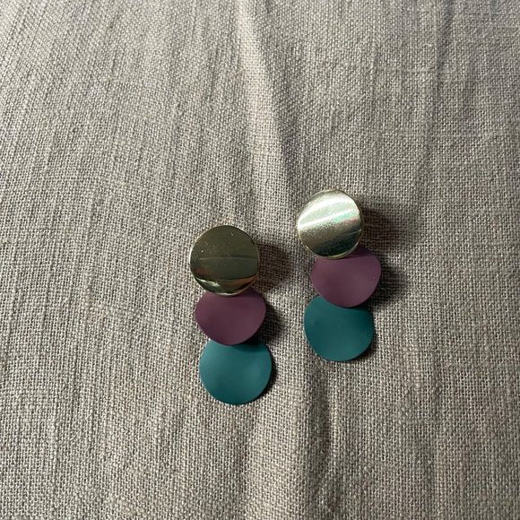 Geometric Drop Dangle Statement Earrings Gold Maroon Teal - Picture 3 of 7